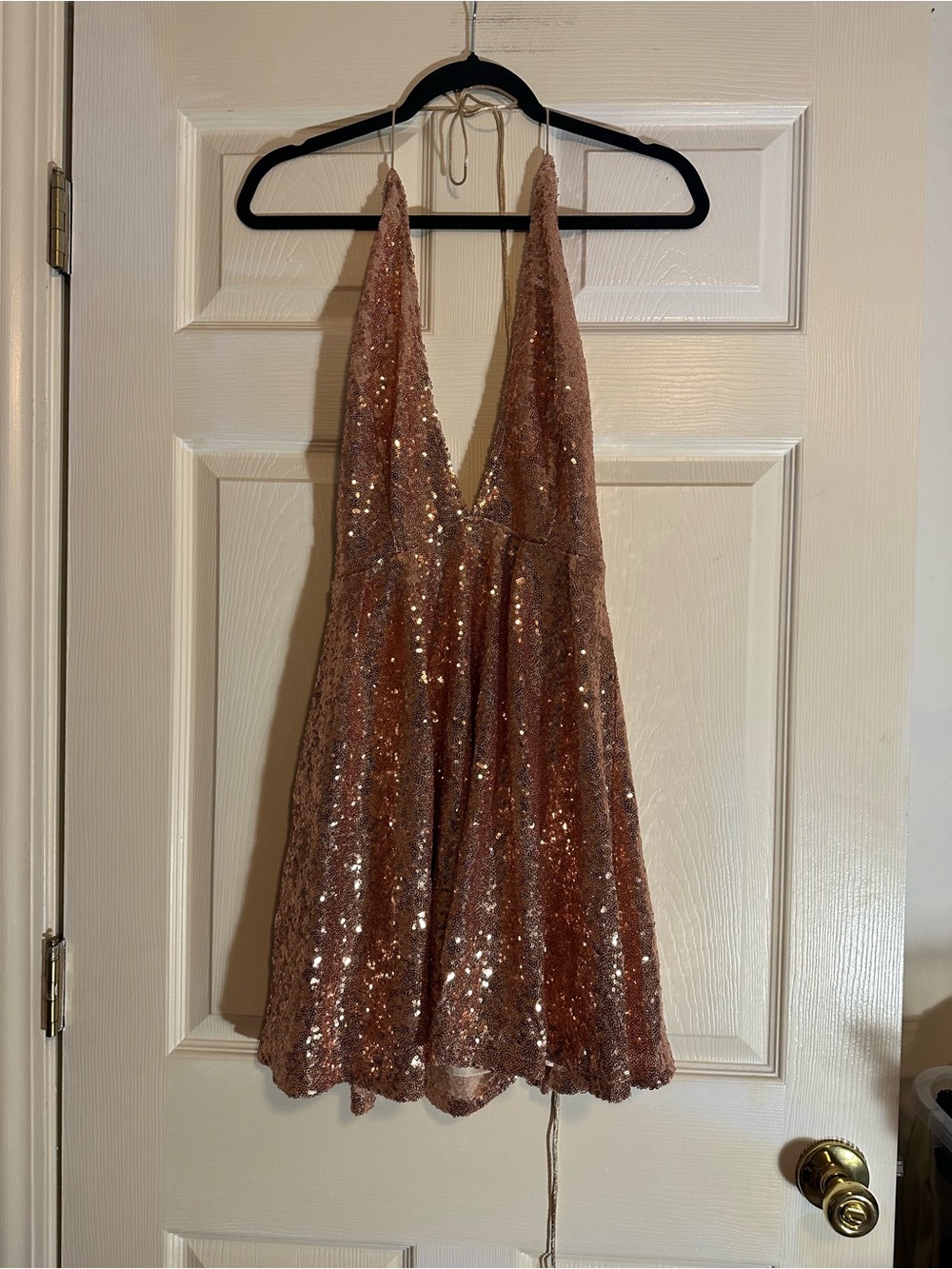 Backless Sequin Halter Mini Dress in Rose